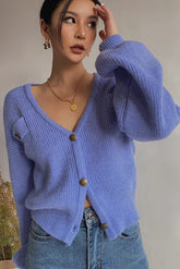 Rib-knit Buttoned Front V Neck Sweater Cardigan Outwear